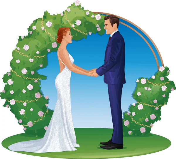 Casal Dizendo Votos Cerimônia Casamento Romântico Livre Frente Altar Arco —  Vetores de Stock