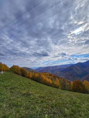 Dağın tepesinden yeşil otlaklı güzel manzara, sarı, turuncu ve kırmızı yapraklı ormanlar sonbahar gününde mavi gökyüzünde beyaz bulutlar. Muntele Rece, Cluj, Romanya