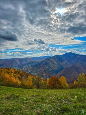 Dağın tepesinden yeşil otlaklı güzel manzara, sarı, turuncu ve kırmızı yapraklı ormanlar sonbahar gününde mavi gökyüzünde beyaz bulutlar. Muntele Rece, Cluj, Romanya