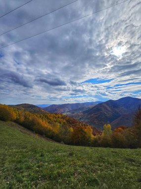 Güzel bir sonbahar manzarası var dağların üzerindeki yeşil otlaktan, sarı, turuncu ve kırmızı yapraklı ağaç ormanıyla güzel bir sonbahar günü mavi gökyüzünde beyaz bulutlarla. Muntele Rece, Cluj, Romanya