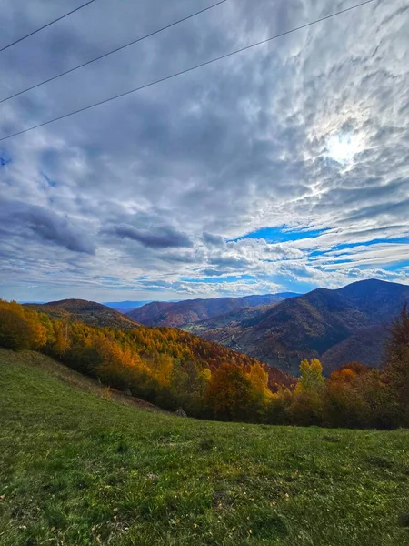 Güzel bir sonbahar manzarası var dağların üzerindeki yeşil otlaktan, sarı, turuncu ve kırmızı yapraklı ağaç ormanıyla güzel bir sonbahar günü mavi gökyüzünde beyaz bulutlarla. Muntele Rece, Cluj, Romanya