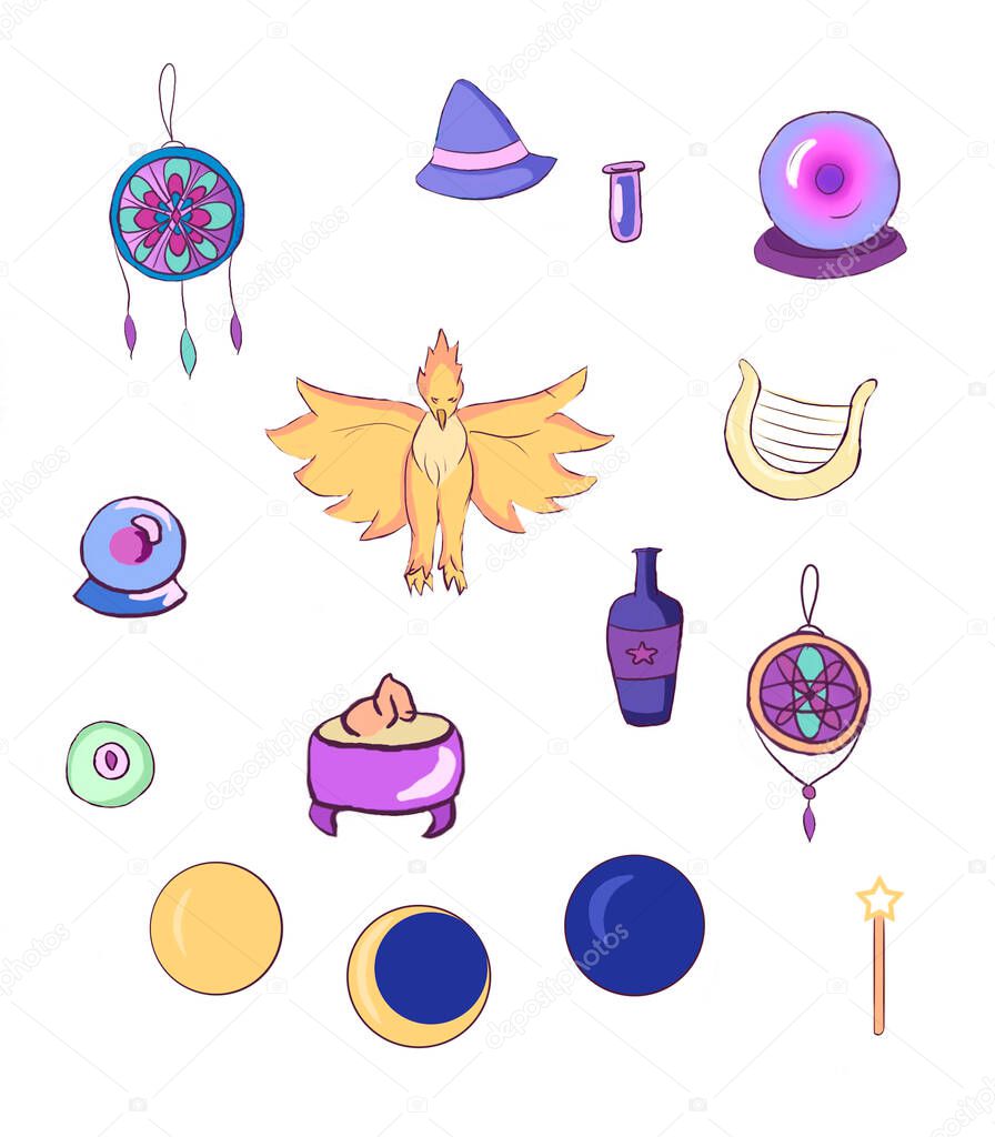 Set of Magical Items Illustration Phoenix Planet Dreamcatcher Potion Halloween