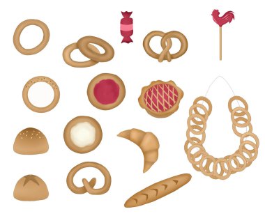 Geleneksel çay içme Renkli illüstrasyon Kuru simit Bir set ürün