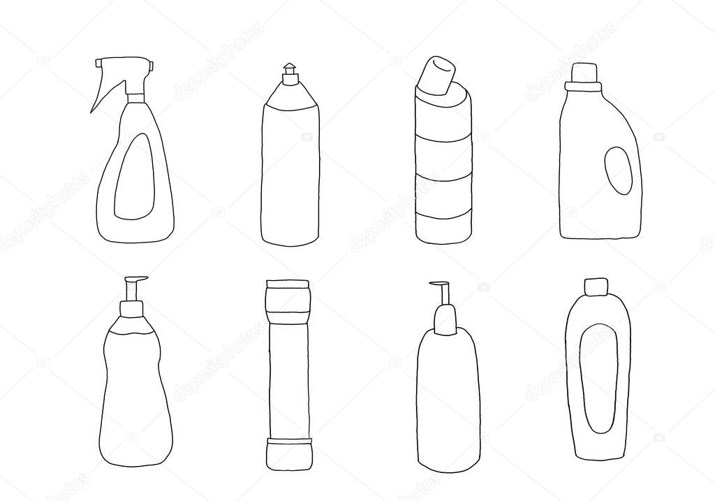 Set of detergents illustration Household bottles, sanitary chemicals cleaners equipment Detergent bottles. Cleaning supplies products, bleach bottle and plastic detergents containers