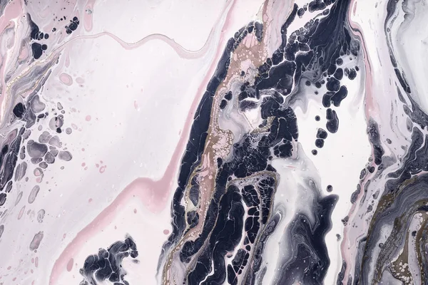 Pink, gold and black waves on a white background. Fluid Art. Marble effect background or texture