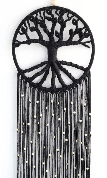 Mão Tecida Árvore Macrame Preto Vida Feita Com Contas Brancas — Fotografia de Stock