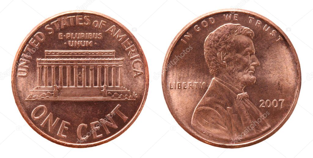 Obverse and reverse of 2007 one cent copper us coin isolated on white background