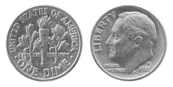 1981年の表と裏の白地に分離された1ダイムの銅ニッケル私たちのコイン — ストック写真