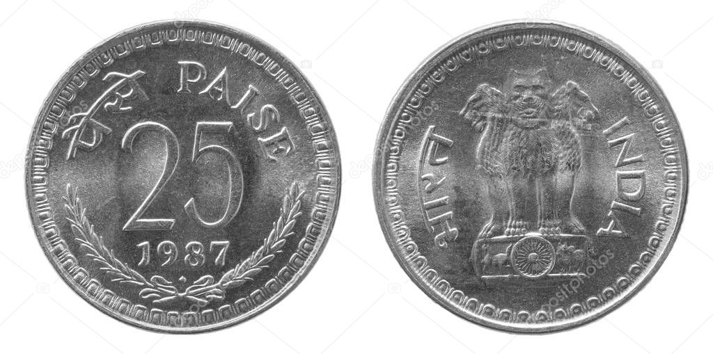 Obverse and reverse of 1987 25 paise cupronickel indian coin isolated on white background