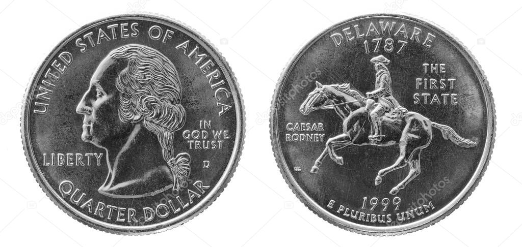 Obverse and reverse of 1999 Quarter dollar cupronickel us coin isolated on white background
