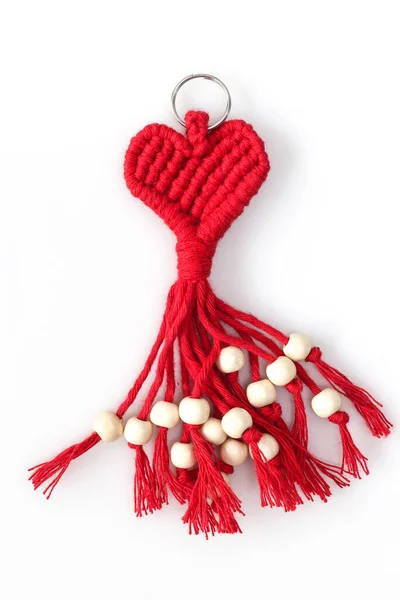 Heart Shape Key Ring Made Red Cord Macrame Weave White — Stock Photo, Image