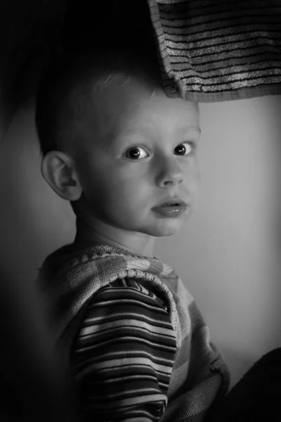 One Year Old Baby Boy Stare Straight Camera Monochrome Image — Stock Photo, Image