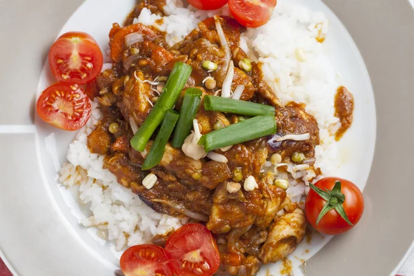Szechuan tavuk bir plaka üzerinde beyaz pirinç 