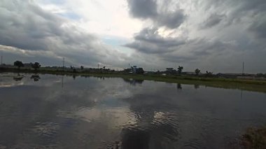 Dramatik bulutlu gökyüzünün altında, doğa tarafından çevrelenmiş, su yüzeyindeki yansımalarla sakin bir kırsal alan yaratan, su kültürünün huzurlu bir görüntüsü..