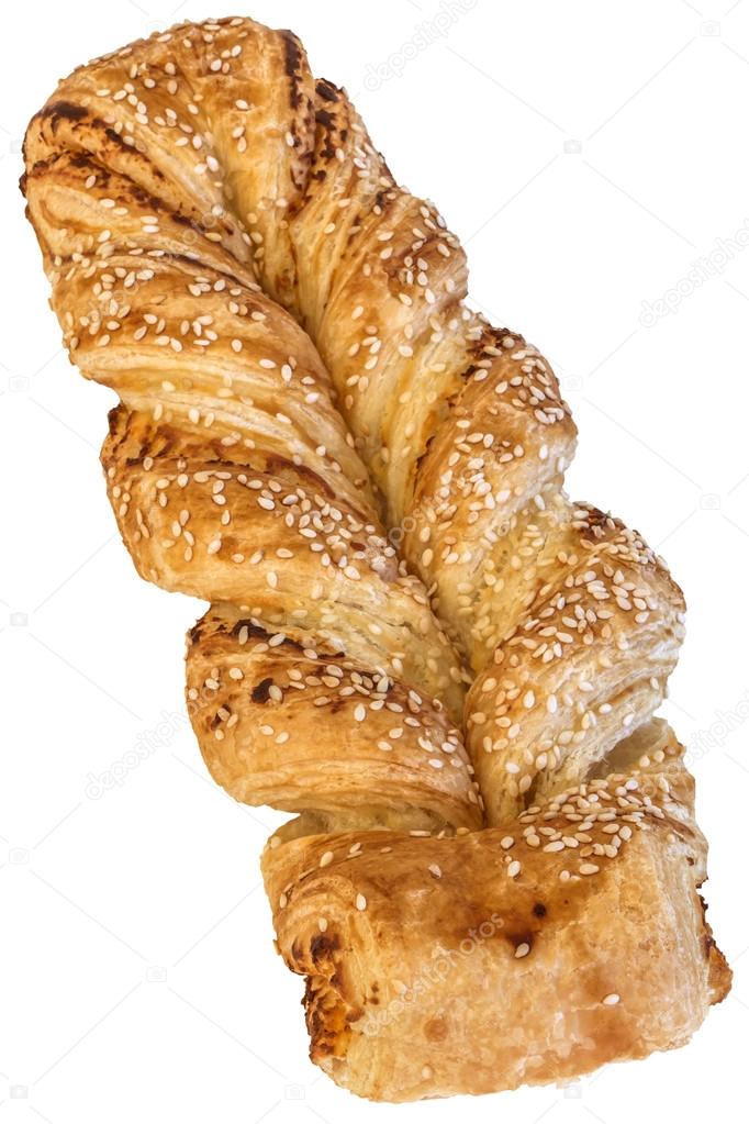 Braided Puff Pastry Sprinkled With Sesame Seeds Isolated On White Background