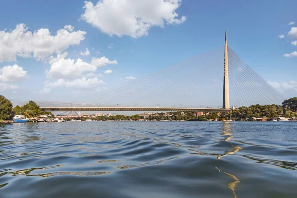 Cable supported, single pylon Ada Bridge, spanning Ada Ciganlija isle and banks of Sava river, in Belgrade, Serbia, Europe.