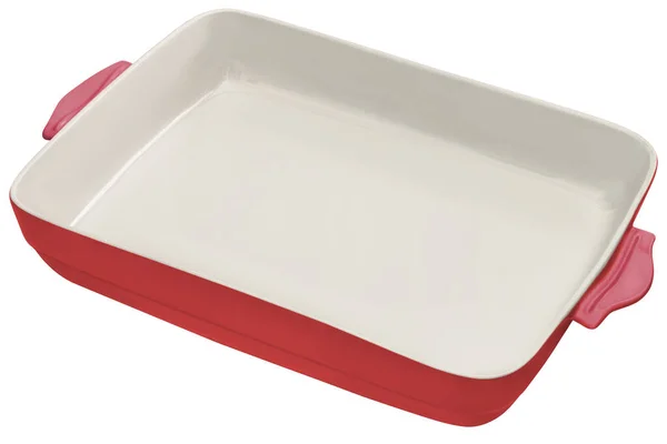 外置长方形陶瓷烤盘 外置深红色 内置白色 白色背景分离 — 图库照片