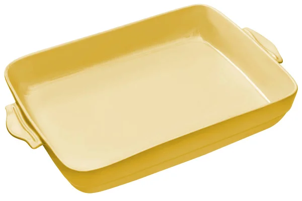白色背景下孤立的带把手的黄色长方形方块陶瓷烤盘 — 图库照片