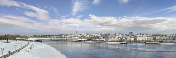 Belgrado Panorama Invierno Con Río Sava Puente Branko Área Savamala Imagen De Stock