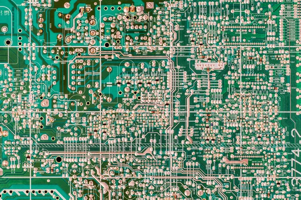 Green Microcircuit Motherboard Soldered Electronic Components Connections Detail — Stock Photo, Image