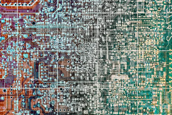 Számítógépes Elektronikus Mikroáramkör Alaplap Absztrakt Sokszínű Háttér — Stock Fotó