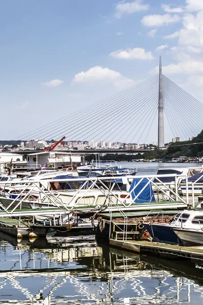 Belgrad, przystani łodzi na rzece Sava z mostu nad Ada Pylon — Zdjęcie stockowe