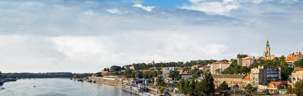 Belgrade Tourist Port on Sava River with Kalemegdan Fortress and St. Michael's Cathedral Bell Tower