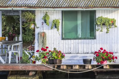 Old Wooden White Painted Raft Hut on Sava River - Detail