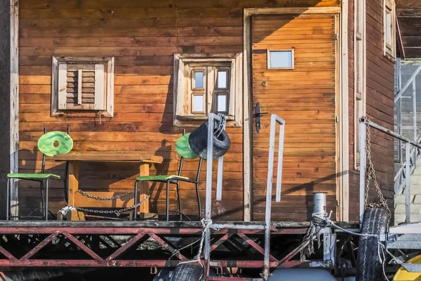 Old Weathered Wooden Summer Leisure Raft Hut On Sava River - Detail — Stok fotoğraf