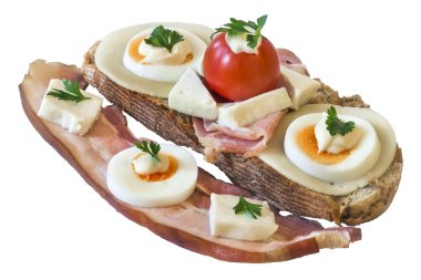 Belly Bacon Cheese Egg Ham And Cherry Tomato Sandwich Isolated on White Background