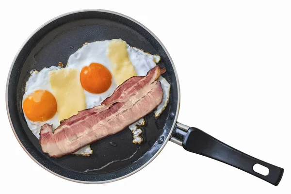 Belly Bacon Rasher And Eggs In Teflon Frying Pan Isolated on White Background — Stok fotoğraf