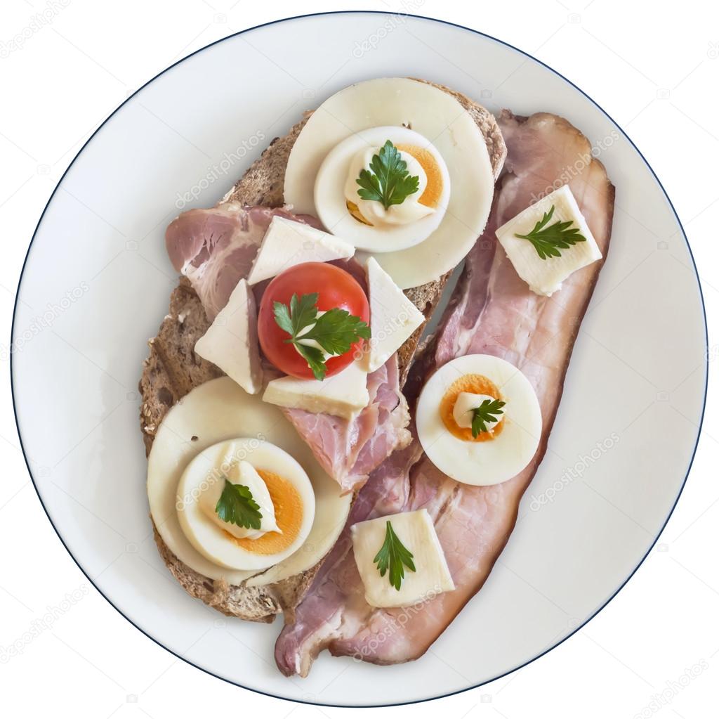 Belly Bacon Cheese Egg Ham And Cherry Tomato Sandwich Isolated on White Background