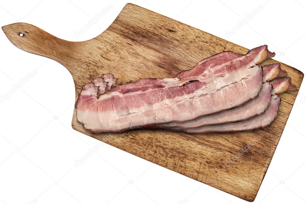 Pork Bacon Rasher on Cutting Board Isolated on White Background