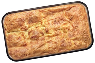 Gibanica Crumpled Cheese Pie In Baking Pan Isolated on White Background clipart
