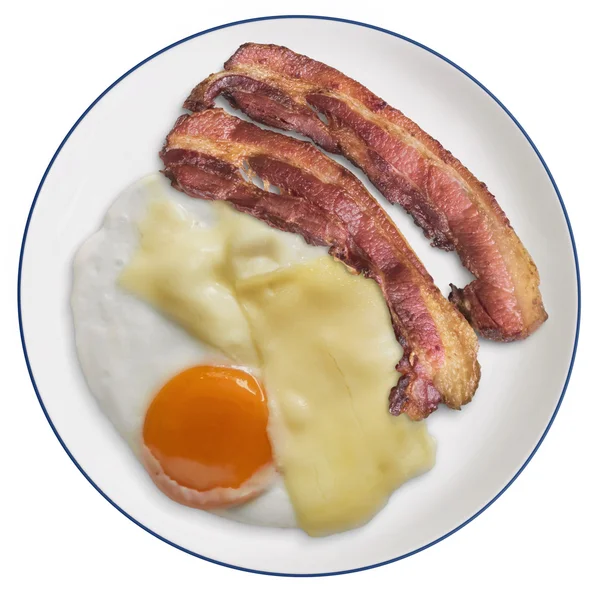 Fried Bacon Rashers and Sunny Side Up Egg with Edam Cheese on Porcelain Plate Isolated on White Background — Stockfoto