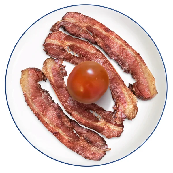 Fried Bacon Rashers with Tomato on Porcelain Plate Isolated on White Background — Stockfoto