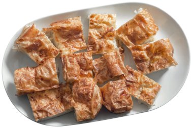 Serbian Traditional Gibanica Cheese Pie Slices on White Platter