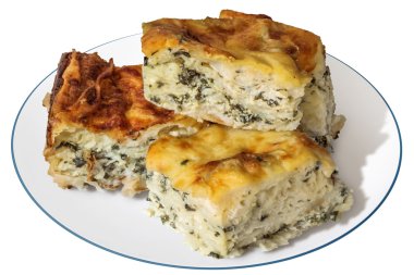 Plate of Serbian Cheese Spinach Pie Zeljanica Slices Isolated on White Background