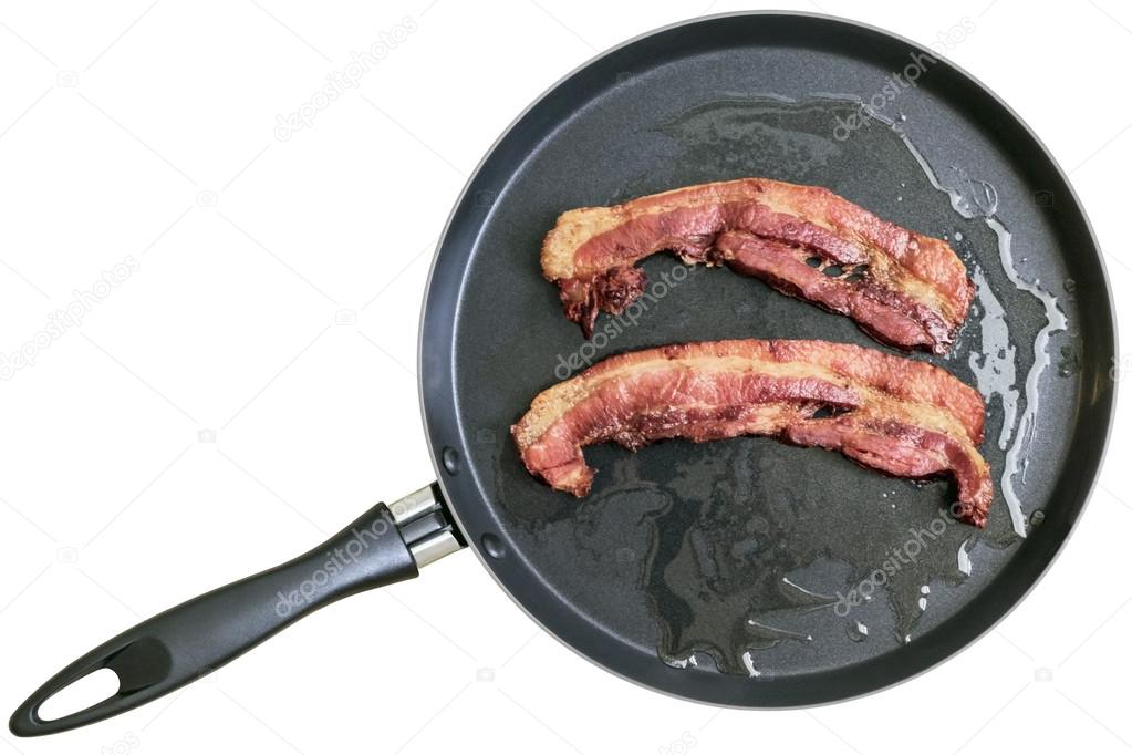 Fried Pork Belly Bacon Rashers on Teflon Frying Pan Isolated on White Background