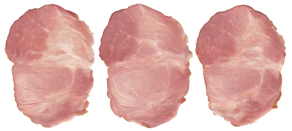 Daging babi irisan ham diisolasi pada latar belakang putih. — Stok Foto