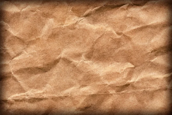 Recycle Brown Kraft Paper Bag Coarse Grain Crushed Crumpled Vignette Grunge Texture Detail — Stock Photo, Image