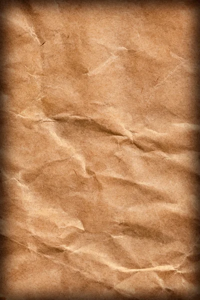 Recycle Brown Kraft Paper Bag Coarse Grain Crushed Crumpled Vignette Grunge Texture Detail — Stock Photo, Image