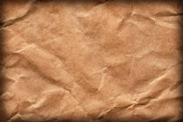 Recycle Brown Kraft Paper Bag Coarse Grain Crushed Crumpled Vignette Grunge Texture Detail — Stock Photo, Image