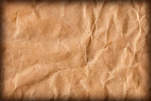 Recycle Brown Kraft Paper Bag Coarse Grain Crushed Crumpled Vignette Grunge Texture Detail — Stock Photo, Image