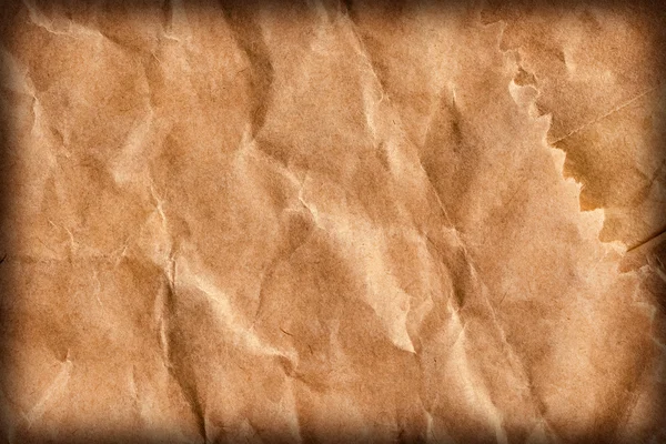 Recycle Brown Kraft Paper Bag Coarse Grain Crushed Crumpled Vignette Grunge Texture — Stock Photo, Image