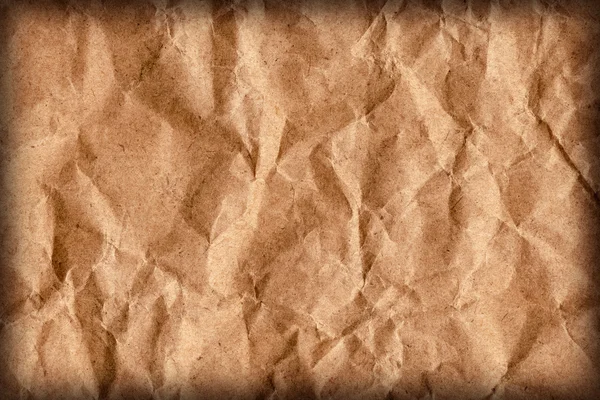 Recycle Brown Kraft Paper Bag Coarse Grain Crushed Crumpled Vignette Grunge Texture Detail — Stock Photo, Image