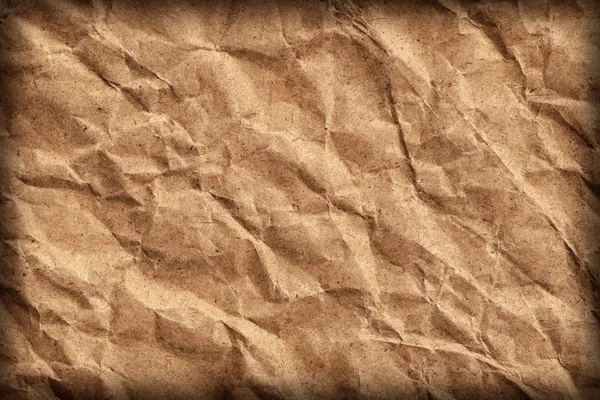 Recycle Brown Kraft Paper Bag Coarse Grain Crushed Crumpled Vignette Grunge Texture — Stock Photo, Image