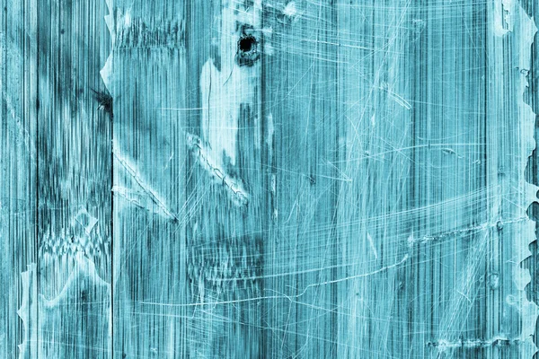 Old Wooden Laminated Panel Cyan Stained Varnished Cracked Scratched Peeled Grunge Texture — Stock Photo, Image