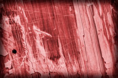 Eski ahşap Lamine paneli kırmızı vernikli lekeli tırmalamak soyulmuş Vignette Grunge doku kırık