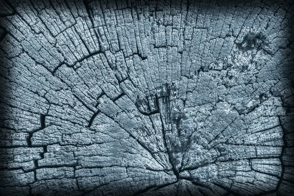 Velha madeira Bollard Weathered podre rachado superfície superior manchado azul vinheta Grunge textura — Fotografia de Stock
